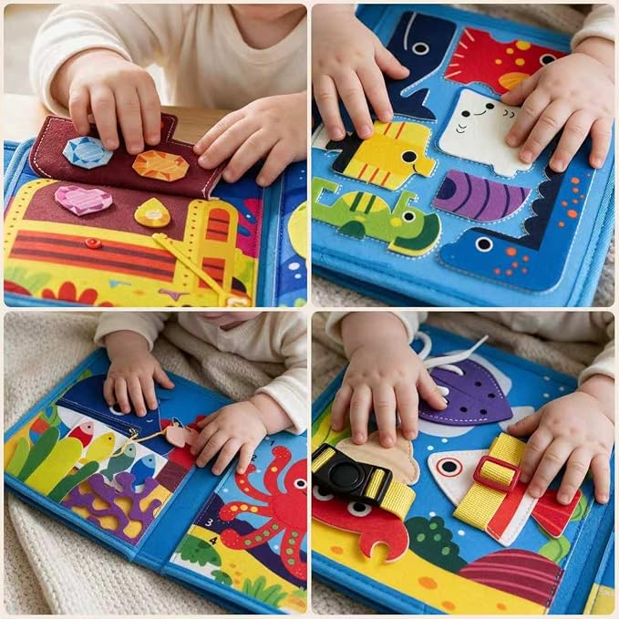 Ocean Busy Book, Quiet Travel Toy for Airplane, Felt Board for Toddler | This screen-free sensory play kit includes dry-erase markers, a buckle closure & interactive pages for preschool kids