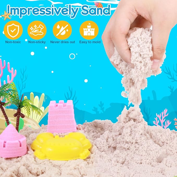 Mikiwon Ocean Sensory Bin, Sandbox Play Sand Art Kit with 1.65lbs Play Sand, Sea Animal Toys Molds, Sensory Play for Girls Boys Age 3 4 5 6 7 8, Beach Toys for Kids Xmas Birthday Gifts