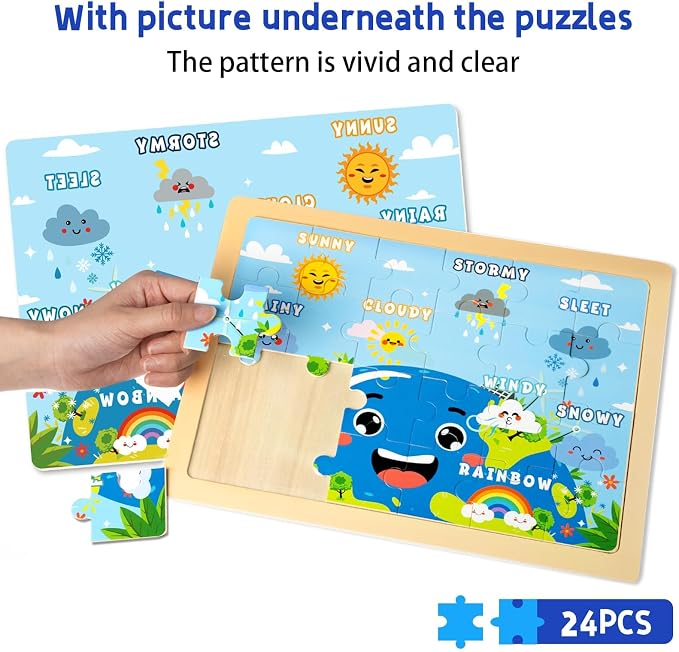 Montessori Wooden Puzzles for Toddlers 3-5, 6 Packs 24Pcs Solar System Learning Toys, Educational Preschool Puzzle Set, Toys for Kids Age 3 4 5 6 7 8, Birthday Gift for Boys Girls（Season）