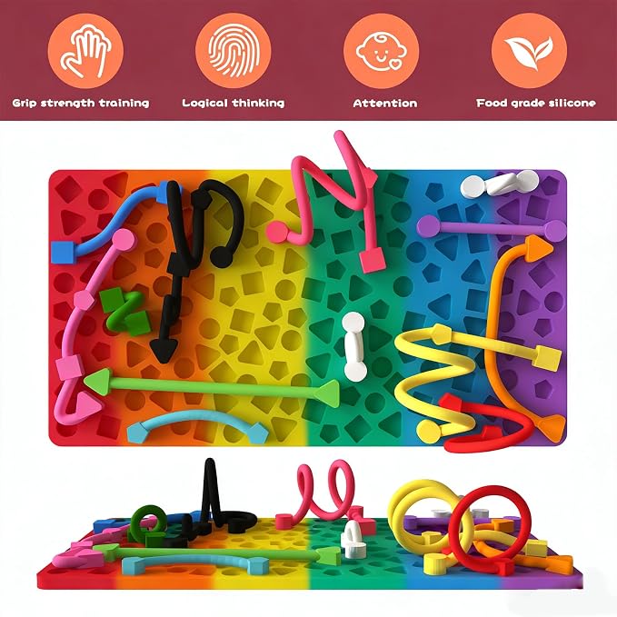 Sensory Activity Board, Silicone Fidget Toys for Calming and Stress | Autism Quiet for Adults, Toddler Sensory Toys for ADHD, Road Trip Essentials for Kids, Portable Travel Bag & 12Strings