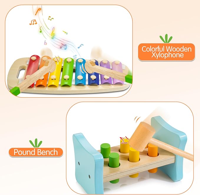 WOODMAM Wooden Montessori Toys for 1+ Year Old, 9 in 1 Educational Play Kit | Toys for 13-18 Months, One Year Old Boy Girl Birthday Gift, Early Learning Toys with Xylophone, Pound Bench, Shape Puzzle