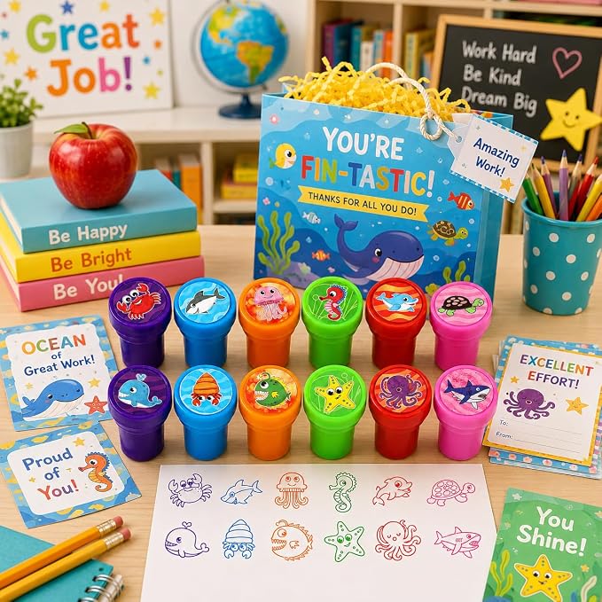 Cinrobiye 24 Pcs Ocean Animal Stampers Party Favor Set, Cute Sea Life Stamps for Kids Birthday Party, Classroom Rewards, Carnival Prizes, Goody Bag Fillers, Under the Sea Party Supplies