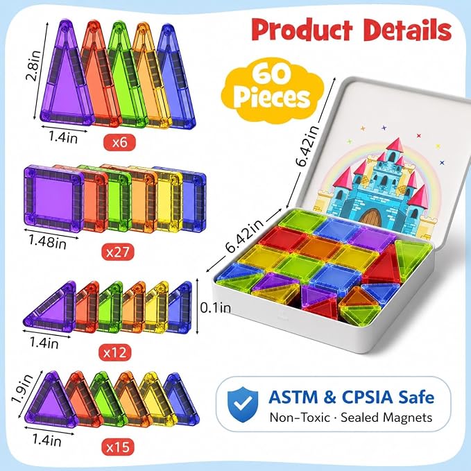 Mini Magnetic Tiles for Travel: Hours of Entertainment for Kid 3-5 | Portable to Serve for 2 Hours of Activities for Road Trips Long Flights - Magnetic Building Blocks for Toddlers