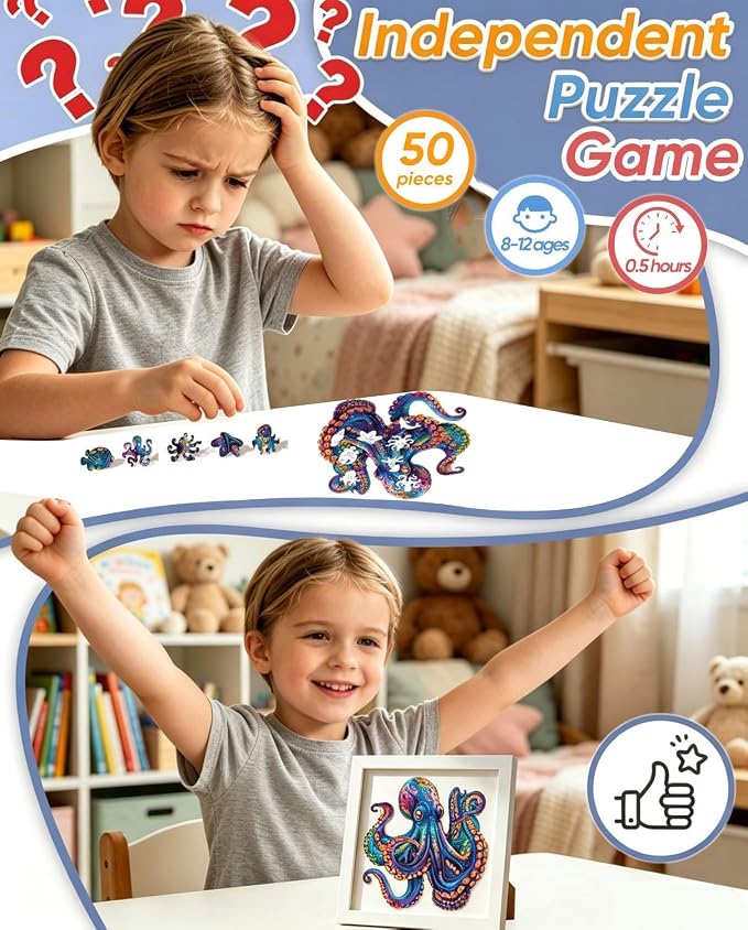 Qiuenisray Wooden Puzzle for Adult, 50 Piece Octopus Puzzle Ages 6-12 | Jigsaw Puzzles for Kid, Beautiful Wood Octopus Puzzle, Gifts for Family Game 6.5x6.5 in Children Gift for Boy Girl Ages 8-12