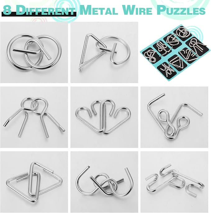 8 Pack Brain Teaser Puzzles Metal Wire Ring with Pouch,B Style | IQ Test Disentanglement Unlock Challenge, Portable Storage Pouch, Mind-bending Interlock Game for Party Favor Entertainment