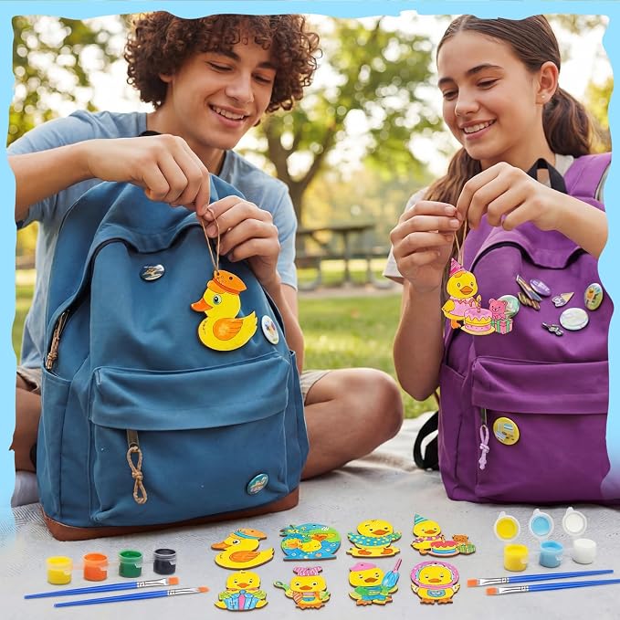 Saypacck 24 Pcs Duck Party Favors Wooden Paint Craft Kits | Duck Theme Crafts for Kids Birthday, Goodie Bag Fillers, Brush Paint Organza Bags Included,