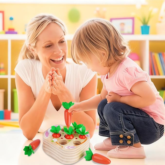 KMTJT Montessori Toys for 2 3 Year Old Toddlers | Wooden Carrot Harvest Toy | Sorting & Matching Game for 2+ Years, Fine Motor Skills Development, Educational Gifts for Baby Boys & Girls (Red)