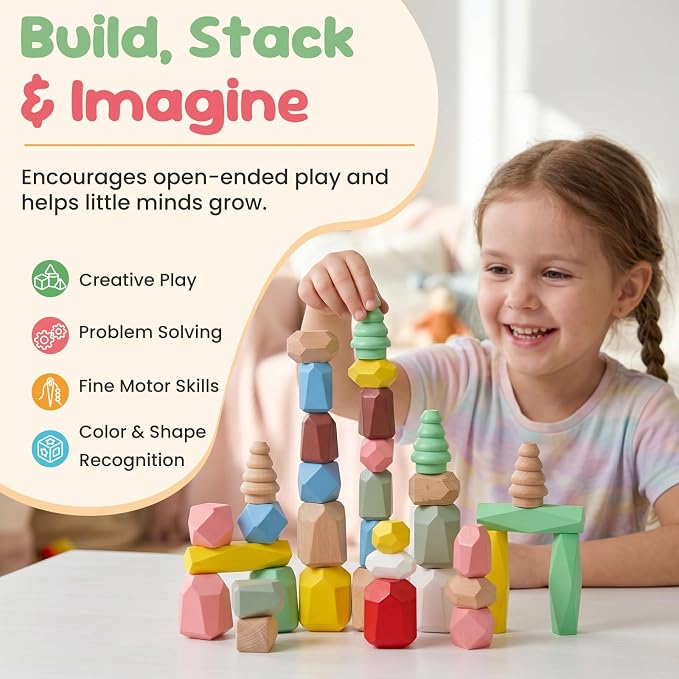 WOODENFUN Wooden Stacking Rocks Stones Building Blocks Sensory Toddler Toys | 36Pcs Montessori Toy Preschool Learning Activities Balancing Stacking Game, Birthday Gifts for Kids 3-5 Year Old