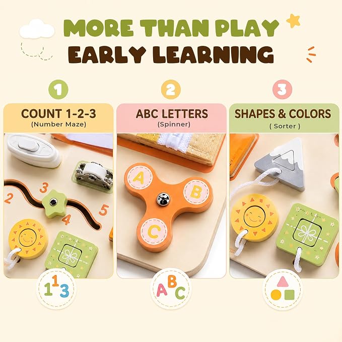Montessori Busy Board for Toddlers, Wooden Sensory Toys, Preschool Learning Activities for Fine Motor Skills Travel Toy, Basic Life Skills Educational Gifts for 1 2 3 Years Old Kids Boys Girls (Green)