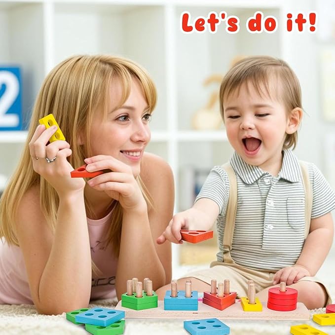 LovesTown Wooden Stacking Sorting Toy, 20PCS | Montessori Sensory Puzzle, Preschool Learning, Shape Recognition, Matching Game, Daycare Gifts