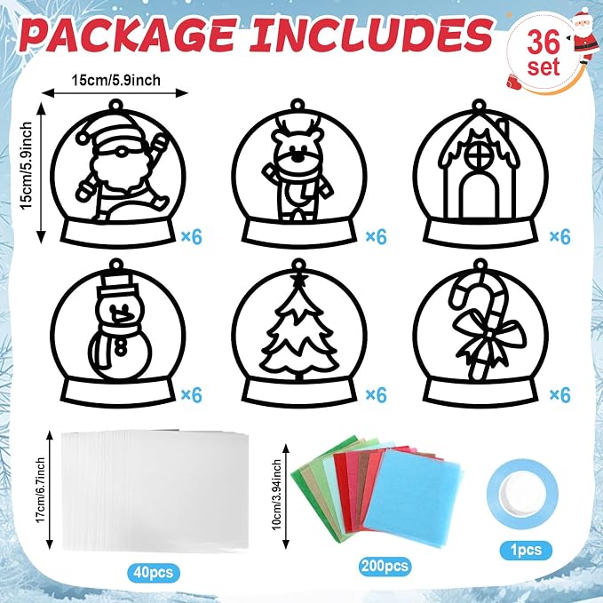Qyeahkj 36 Set Winter Christmas Suncatchers Craft Kit for DIY Santa Snowman Reindeer Globe Tissue Paper Craft Kit Hanging Decor for Xmas Home Activity Art Project Birthday Party Favor Gift