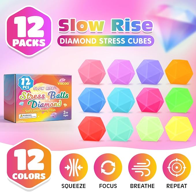 VISCOO 12 Pack Diamond Slow Rising Stress Balls, Stress Cube, Cube Squishy | Squishy Fidget Toys for Anxiety Relief, Dough Squeeze Toys for Classroom Prize, Party Favors for Kids Adults