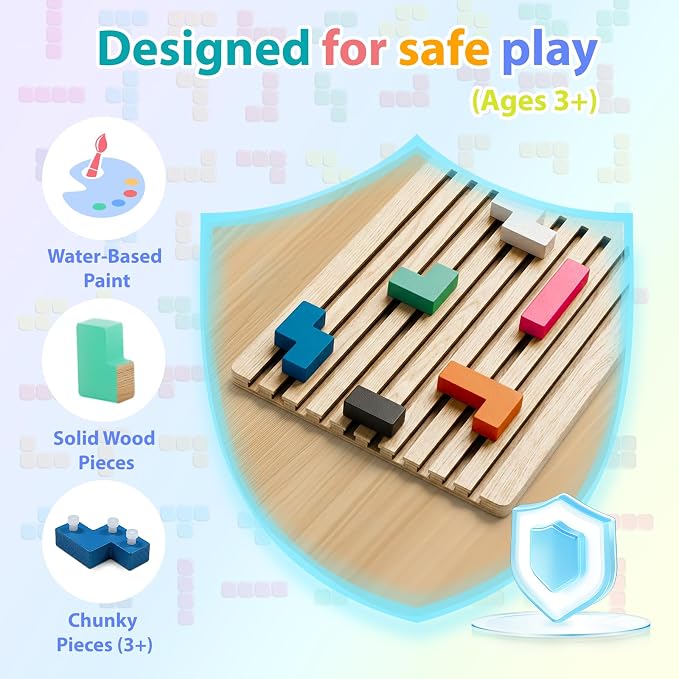 Wooden Montessori Brain Blocks, Quick-Reset Pattern Bag, Gift 3+ | 2-in-1 Building & Puzzle Game, 9 Shapes, 20 Challenges, Instruction Guide, Screen-Free, Educational Play