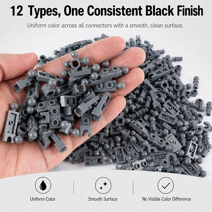 Connector Ball Joints Socket Plate - 250pcs Bricks Bulk Parts and Pieces, 1x1 1x2 Tow Ball and Ball Socket Building Block Dark Gray