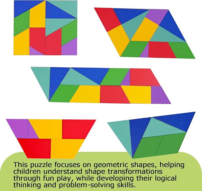 KINGOU Wooden Hexagon Puzzle Tangram for Kids and Adults, 12 Large Pieces Montessori Geometric Shape Brain Teasers, STEM Logic Game Learning Toy, Creative Desktop Coffee Table Travel Puzzle Gift