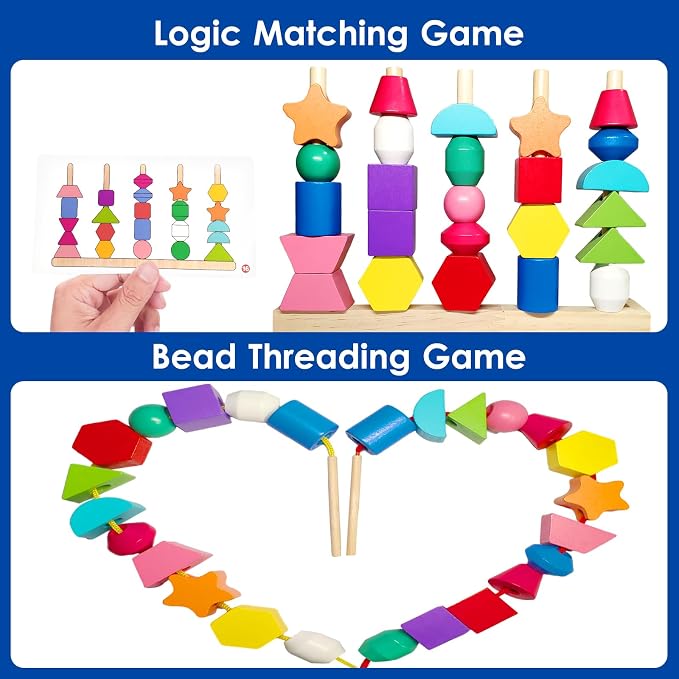 Montessori Wooden Beads Sequencing Toy Set, Sorting Stacking Blocks & Lacing Beads & Shape Matching Stacker for 2 3 4 5 Years Kids Preschool Learning Fine Motor Skills Toys Gifts for Toddler Boy Girl