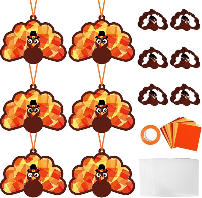 Qyeahkj 36 Set Thanksgiving Turkey Suncatchers Crafts for DIY Fall Window Tissue Paper Craft Kit Autumn Hanging Decor for Harvest Home Activity Art Project Birthday Party Favor Gift
