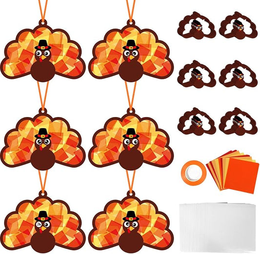 Qyeahkj 36 Set Thanksgiving Turkey Suncatchers Crafts for DIY Fall Window Tissue Paper Craft Kit Autumn Hanging Decor for Harvest Home Activity Art Project Birthday Party Favor Gift