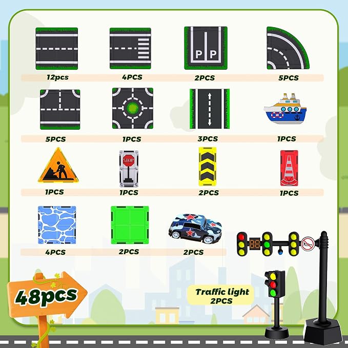 Magnetic Road Tiles Set with Pull-Back Cars,Magnet Building Blocks for Kids Ages 4-8 with Magnetic Ship & Traffic Lights,STEM Educational Preschool Learning Toys,Ideal Gift for Boys and Girls