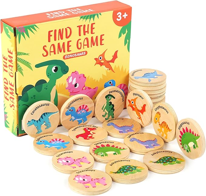 Wooden Memory Game for Kids, 24 Dinosaur Matching Cards | Educational Preschool Toy with Smooth-Edged Tiles Develops Focus, Recall and Visual Recognition for Classroom and Family Play