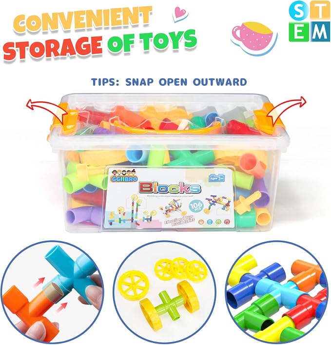 Ggiibro STEM Building Toy for Toddlers 106Pieces Tube Pipe Toy,Educational Preschool Game for 3+ Years,Learning Building Blocks Play with Storage Box Gift Kit,Montessori Toys for Boys & Girls
