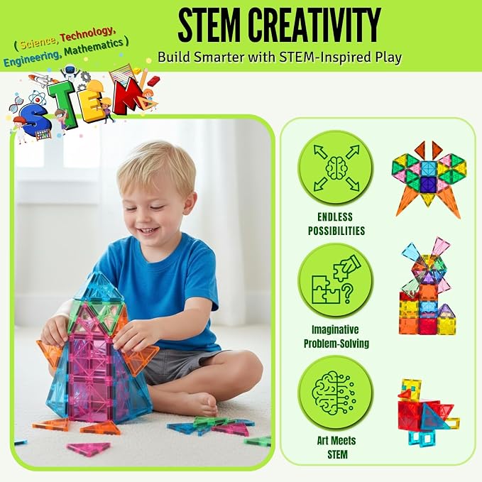 Magnetic Tiles Set 180 PCS with 2 Cars Bases, STEM Educational Magnet Toys for Kids Ages 3-12, Magnetics for Kids & Preschool, Creative Magnetic Building Toys for Boys & Girls