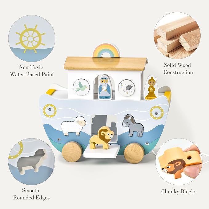 Wooden Noah’s Ark Toy with Book, Baptism Gifts for Boys and Girls | Montessori Toys for 1 Year Old with sorting and pull-along; Christian Baby Toys for Toddlers 1-3; Christmas Birthday Gifts.