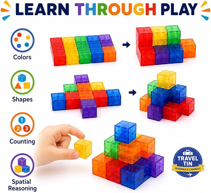 POSOUL 35-Piece Mini Magnetic Building Blocks Travel Set with Metal Storage Tin and Play Tray, Colorful Transparent Magnet Cubes, STEM Construction Toy with Idea Book for Kids Ages 3+