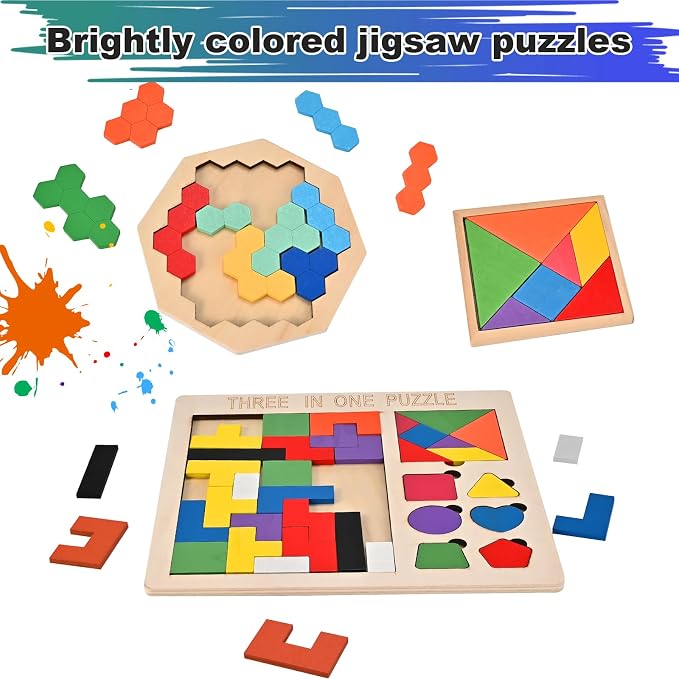 3 PCS Wooden Block Puzzle, Brain Teaser Puzzles for Kids & Adults | Wooden Puzzle Toys with 3-in-1 Russian Blocks Puzzle, Octagon Puzzle, Tangram Puzzles, Montessori STEM Educational Gift Toys