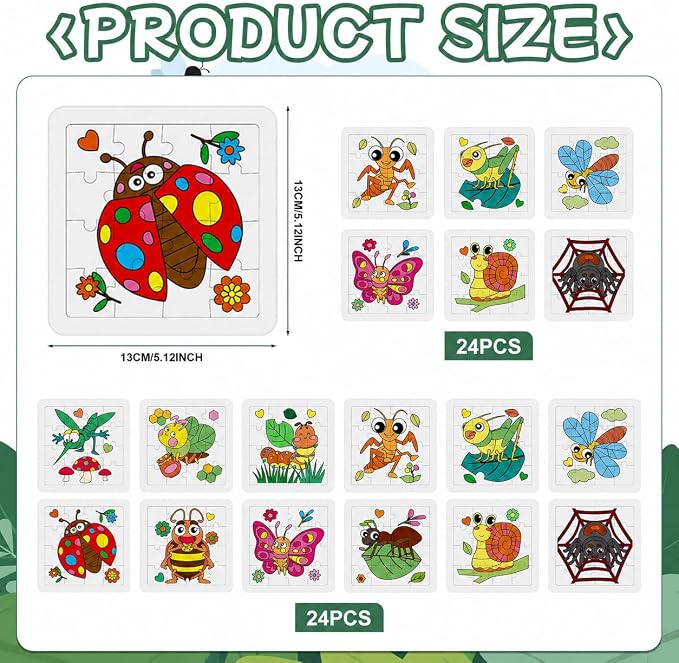 Cinrobiye 24 Pack Insect Coloring Jigsaw Craft Kit for Kids, DIY Bug Activity Set Bulk with 12 Designs, Butterfly Bee Ladybug Puzzle, Spring Party Favors, Classroom Art Projects