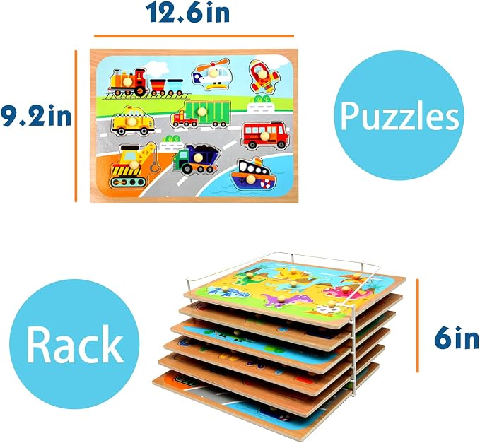 WOOD CITY Toddler Puzzles and Rack Set, Wooden Peg Puzzles Bundle with Storage Holder Rack, Educational Knob Puzzle for Kids Age 3 4 Years - Alphabet Number Shape Dinosaur Animal Vehicle