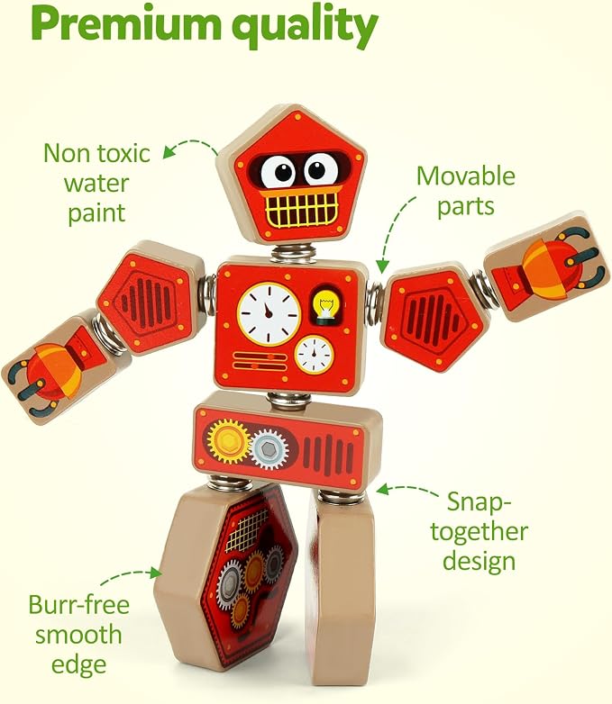 Coogam Snap Together Robot Builders for Toddlers | Wooden Take Apart Robot Build Block Playset, Fine Motor Skill STEM Educational Montessori Toy Gift for 3 4 5 Years Old Kids