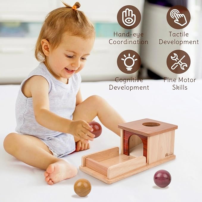 Adena Montessori Object Permanence Box for 6-12 Month Baby 3 Balls, Wooden Baby Toy in Natural Wood Tones, Real Wood Montessori Learning Toy for Toddler 1 Year Old, Sensory Developmental Gift