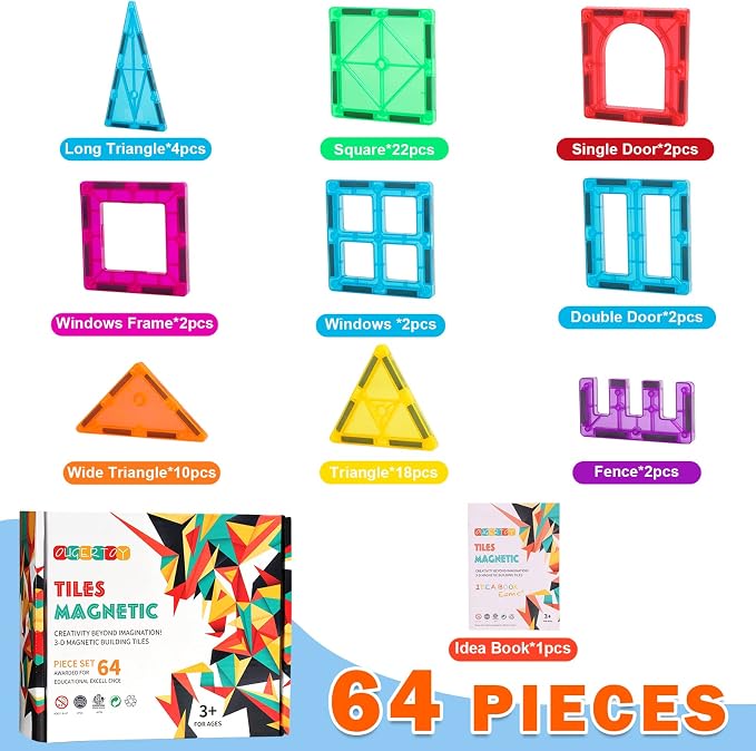 OugerToy 64 PCS Magnetic Building Tiles for Kids Ages 3-9 | Educational Magnetic Stacking Blocks for Boys Girls, Magnets Construction Toys,Stem Preschool Kindergarten Learning Toys