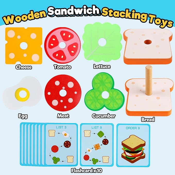 Wooden Sandwich Sorting Stacking Toys Play Food Set for Toddlers Preschool Educational Montessori Toys Fine Motor Toy for Kids Boys Girls