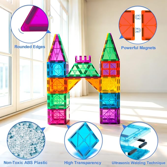 Bmag Magnetic Tiles, 67 PCS with 1 Car Building Blocks for Toddlers, 3D Magnet, STEM Educational Learning Building Blocks for Kids Children, Stacking Montessori Toys Gifts for Boys Girls