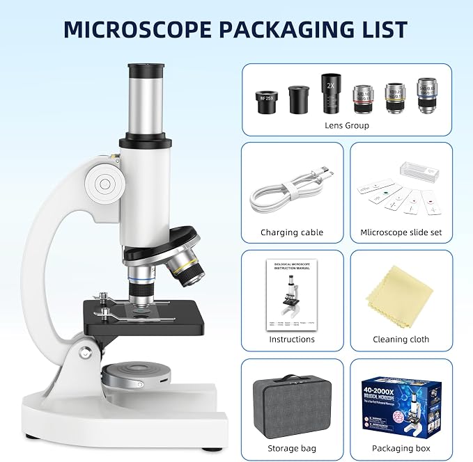 40-2000X Compound Microscope for Kids Adults Beginners | Lightweight Metal-Made / LED Light / Prepared Slide Kit and Storage Case Included / for Science Explore Education Gift