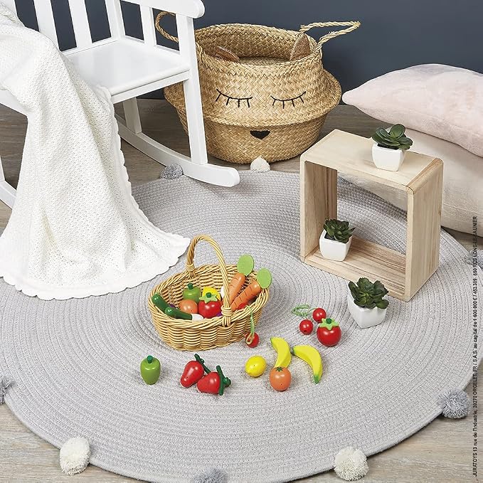 Janod - 25 Piece Wooden Play Food Fruit and Vegetable Basket - Ages 3+ - Playing Store with Toy Register - Imaginative Play Enhancement - Includes 24 Fruits and Vegetables - Ages 3+ - J05620 | Ages 3 and Up - Enhances Imagination - Pretend Store Grocer...