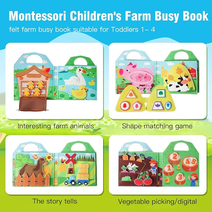 Farm Animals Busy Book for Toddlers 1-3,Montessori Toys 1 Year Old Busy Board,Felt Activity Quiet Book,1 Year Old Toddlers Gifts, Travel Toys for Toddlers 2-4, Children's Birthday