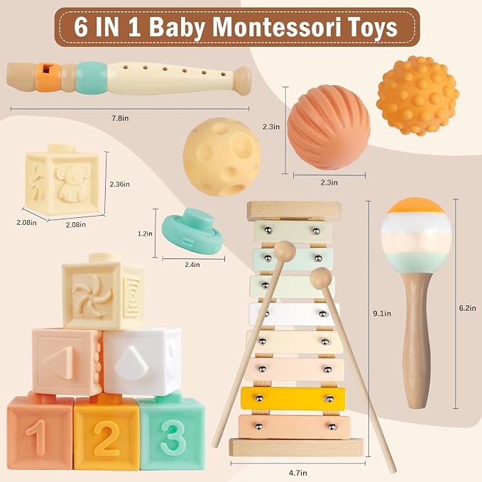 Meytccve Montessori Baby Toys 6 in 1, Wooden Musical Instruments Xylophone | Stacking Building Blocks, Sensory Balls, Infant Teething Toy, Birthday Gift for Toddlers Boys Girls