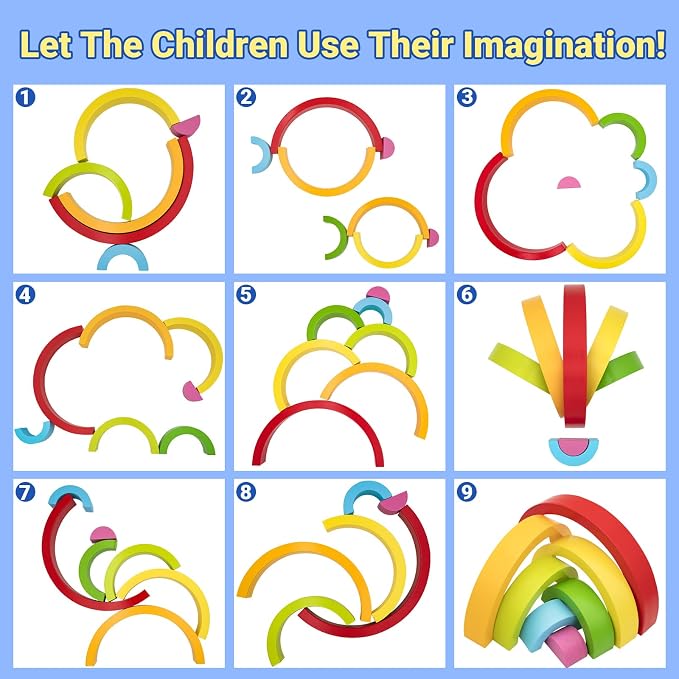 MEGRANATE Montessori Wooden Rainbow Stacking Toys for Kids Wood Building Blocks Nesting Puzzle Toy Colorful Stacker Arch Game Sensory Educational Learning Toys for 3+ Year Old Kids