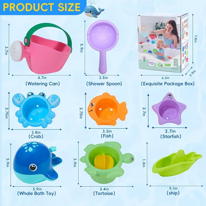 11 PCS Baby Bath Toys for Kids Ages 1-3, Open Design Easy-Clean Bathtub Pool Water Table Toys for Toddlers and Babies, Whale Sprayer, Stacking Cups & Watering Can Gifts for Boys & Girls