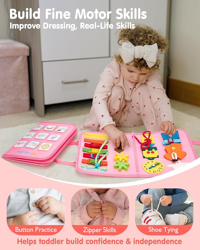 hahaland Busy Board Montessori Toys Busy Book Toddler Girl Gifts Travel Toy | Toddlers Educational Learning Toys with Life Skills, Alphabet, Number, Shape, Color, Weather, Detachable Pages for Car Ride