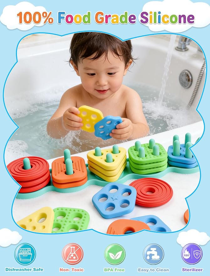 Silicone Shape Sorting & Stacking Toys - Montessori Toys for Toddlers 1-3 | Soft Safe Food Grade Silicone | 20pcs Textured Color Blocks | Learning Sensory Toy | 1 2 3 4 Year Old Boy Girl Birthday Gifts