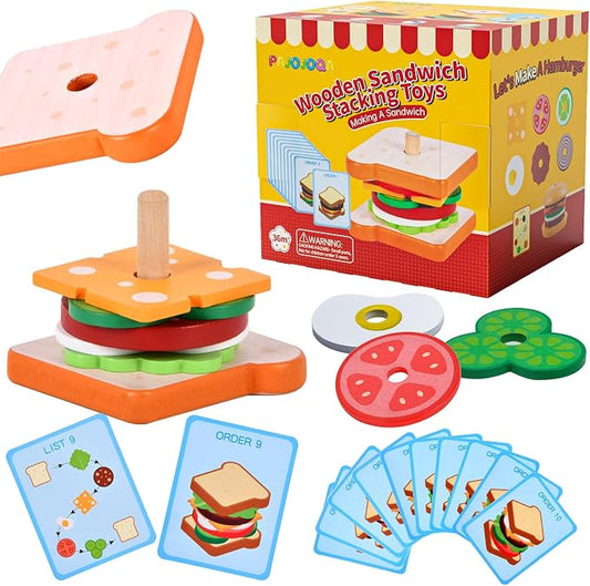 Pajojoqa Wooden Sandwich Stacking Toys, Montessori Toys for Toddlers Kitchen Play Food Educational Preschool Learning Toys Christmas Birthday Gift Kids Toys for Boys Girls 3 4 5 Years Old (Sandwich)