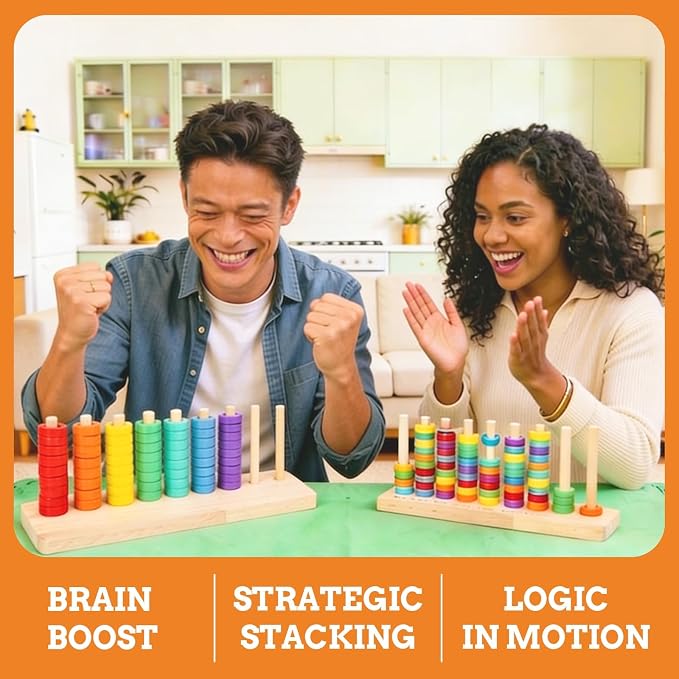 Color Stack Challenge Game, Sorting & Stacking Toys for Toddlers | Wooden Rainbow Rings Game for Color Recognition and Sensory Learning, Montessori Educational Gift for Kids Ages 3 and Up