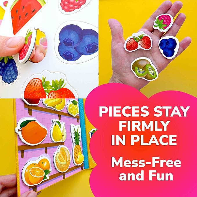 Travel Magnetic Puzzles for Toddlers 1-3 - 20+Pcs Toddler Puzzles Ages 2-4 | Fruits & Vegetables Magnet Puzzles with Extra-Long Play Book - Strong Magnets for Car Activity - Travel Toy for Kids Ages