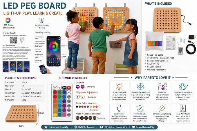 Wooden LED Peg Board Wall Toy for Kids with 64 Pegs | APP Controlled, IR Remote Controlled