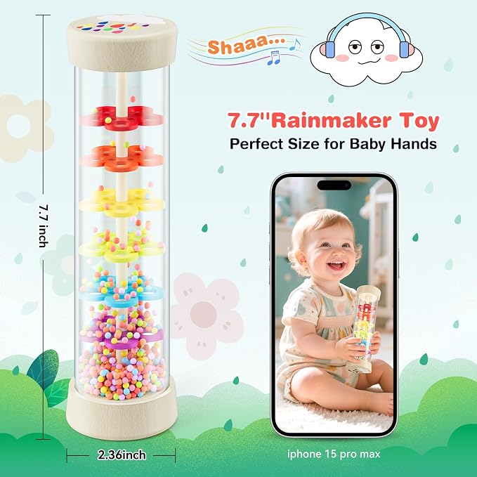 Rain Stick, Montessori Baby Toys for 6-12 Months 1 Year Old, Wooden Rainmaker Baby Rattle Sensory Toys, 7.7” Musical Developmental Toy - Infant Newborn Toddler Toys Gifts for Easter Basket Stuffers