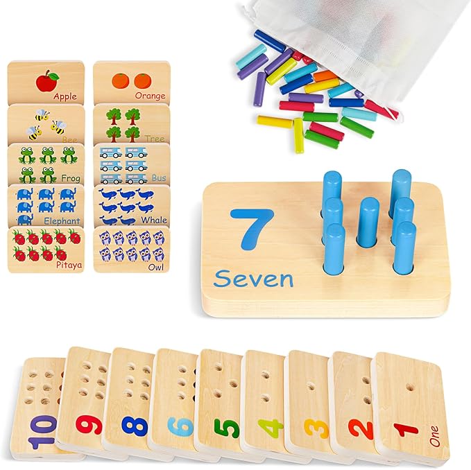 TOOKYLAND Peg Board Toddler Toys, Counting Wooden Toys with 55 Pegs | Wooden Math Manipulatives, Montessori Math and Numbers for Kids & Kindergarten Learning Activities